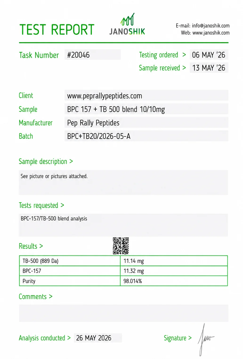 BPC-157 + TB-500 Blend 20mg Certificate of Analysis — Janoshik