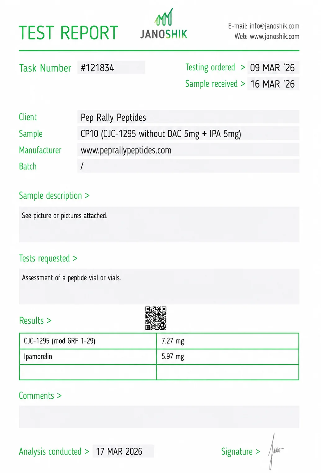 CJC-1295 No DAC + Ipamorelin 10mg Certificate of Analysis — Janoshik