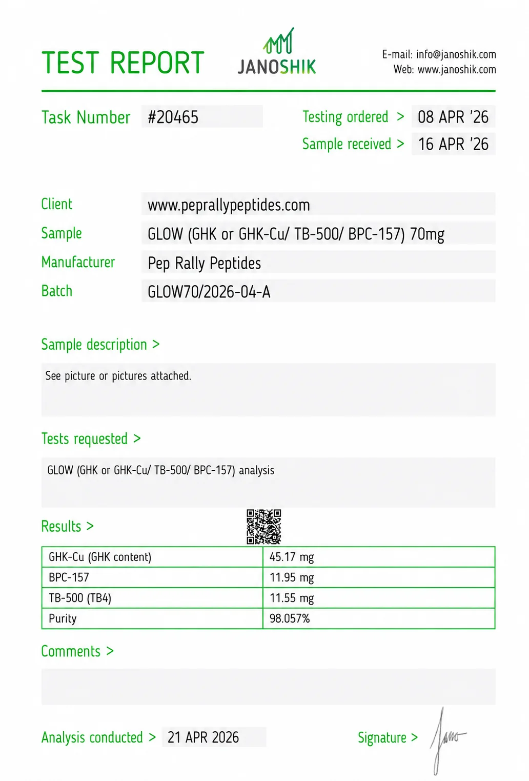 Glow Bundle (BPC+TB+GHK-Cu) 70mg Certificate of Analysis — Janoshik