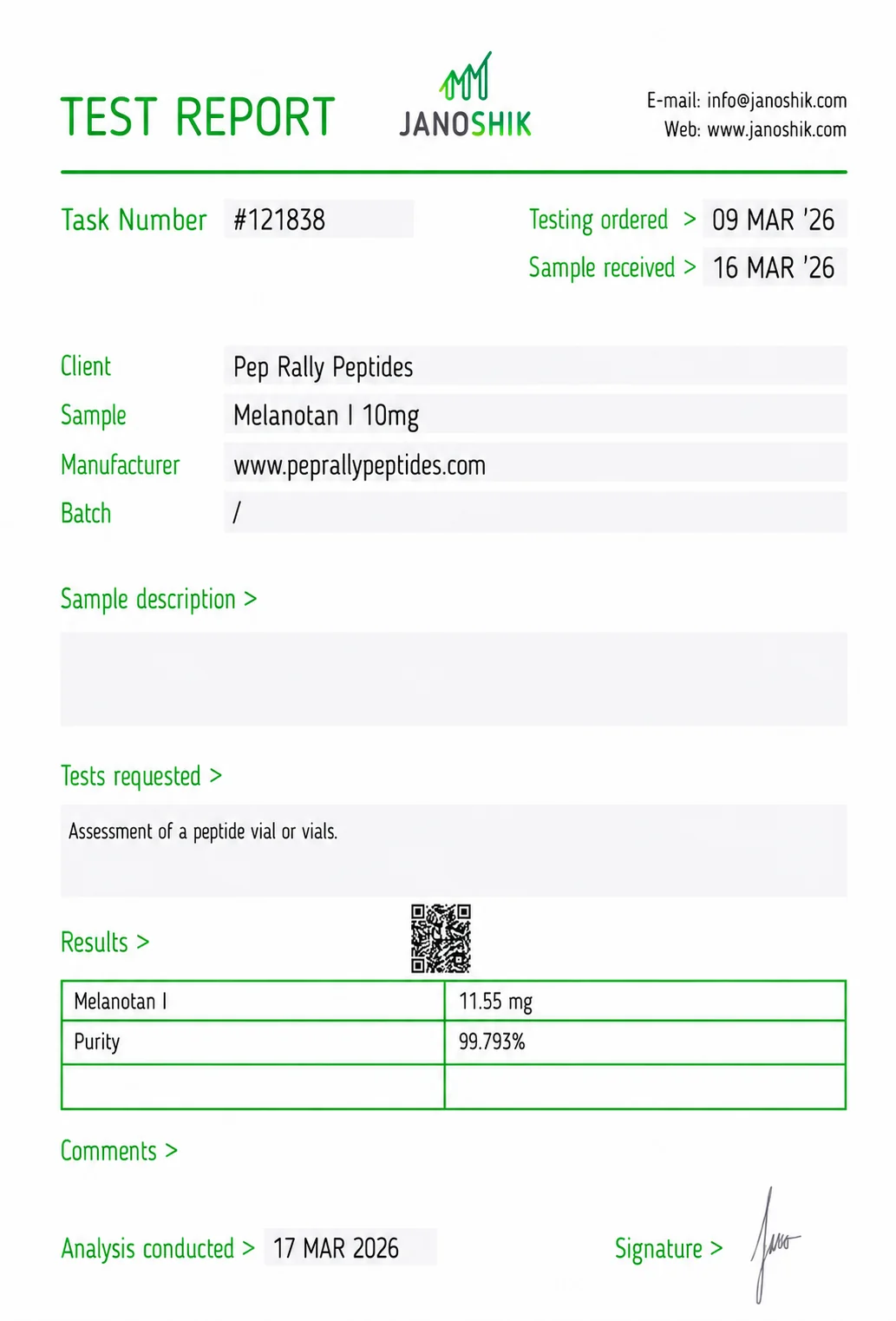 MT-1 (Melanotan I) 10mg Certificate of Analysis — Janoshik
