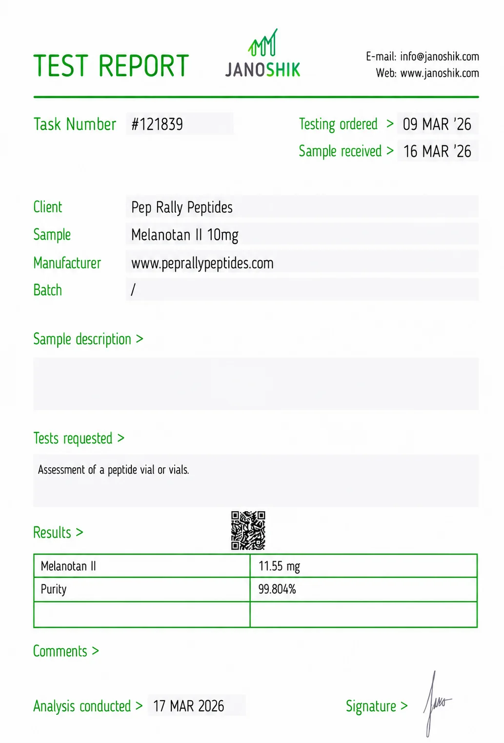 MT-2 (Melanotan II) 10mg Certificate of Analysis — Janoshik
