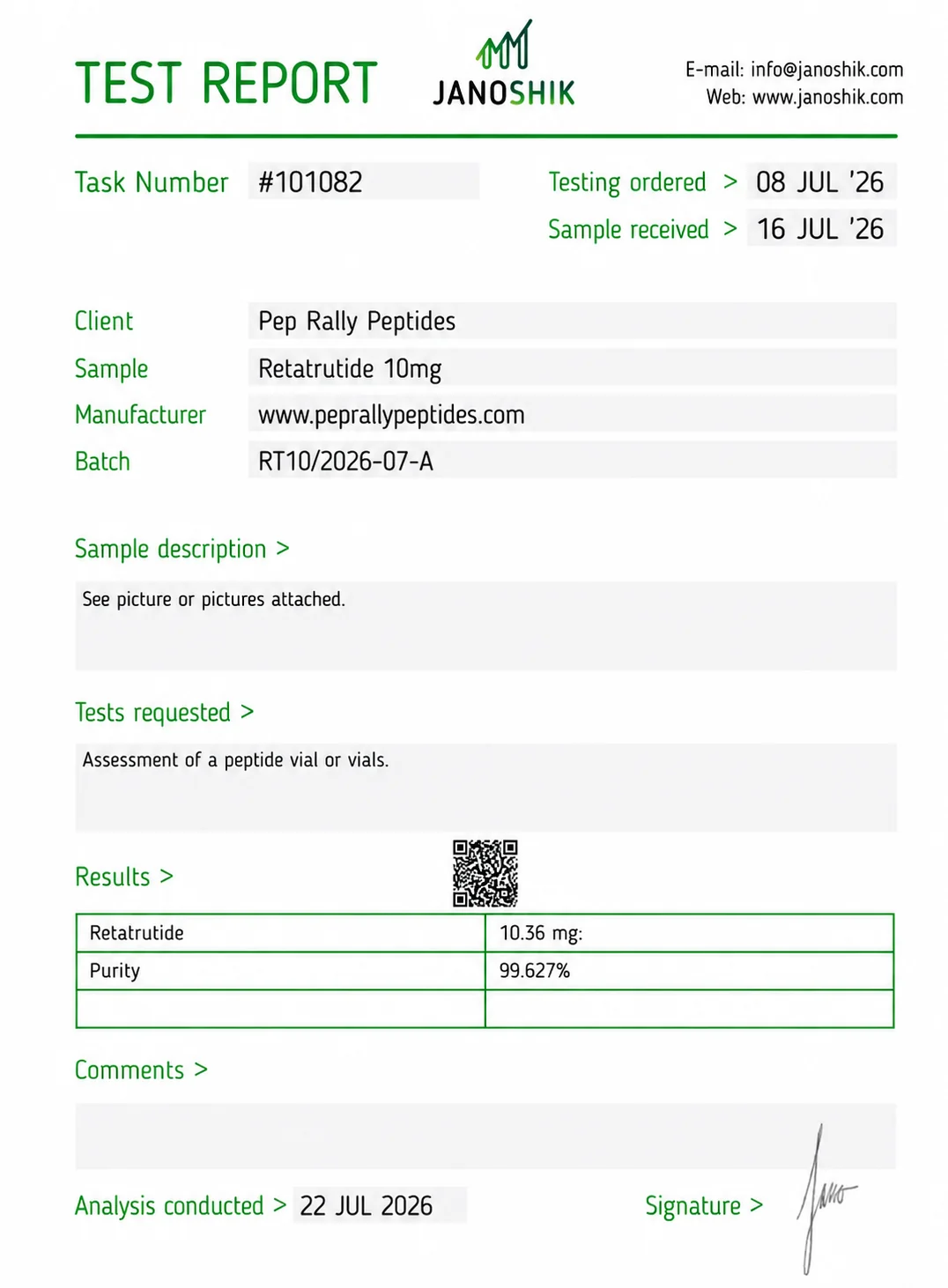 Retatrutide 10mg Certificate of Analysis — Janoshik