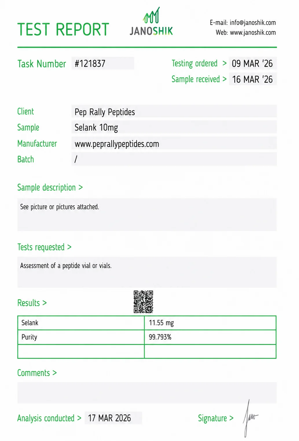 Selank 10mg Certificate of Analysis — Janoshik