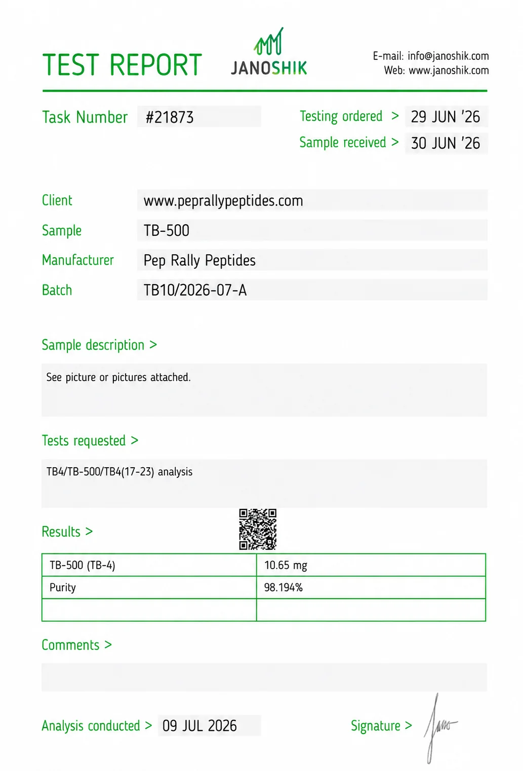 TB-500 (Thymosin Beta-4) 10mg Certificate of Analysis — Janoshik