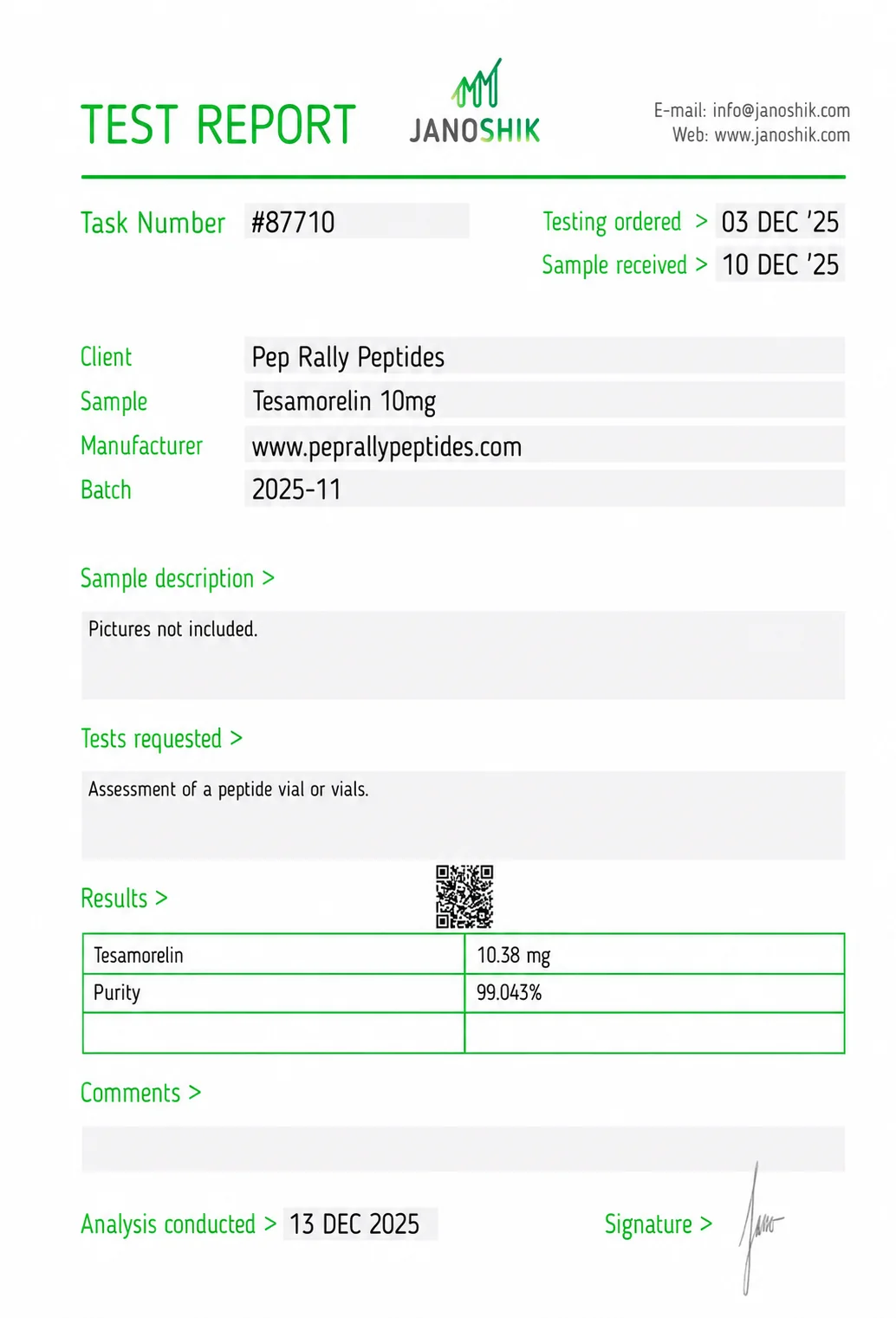 Tesamorelin 10mg Certificate of Analysis — Janoshik